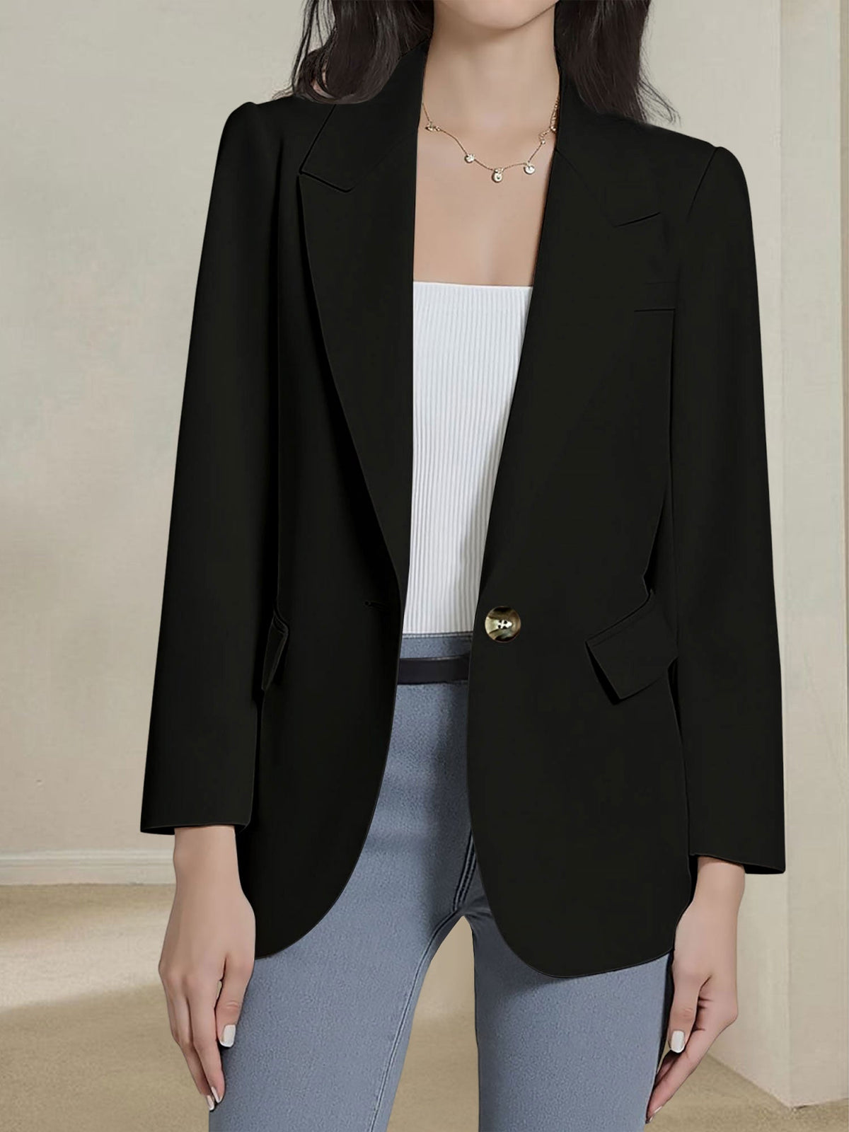Notched Lapel Single Button Long Sleeves Blazer