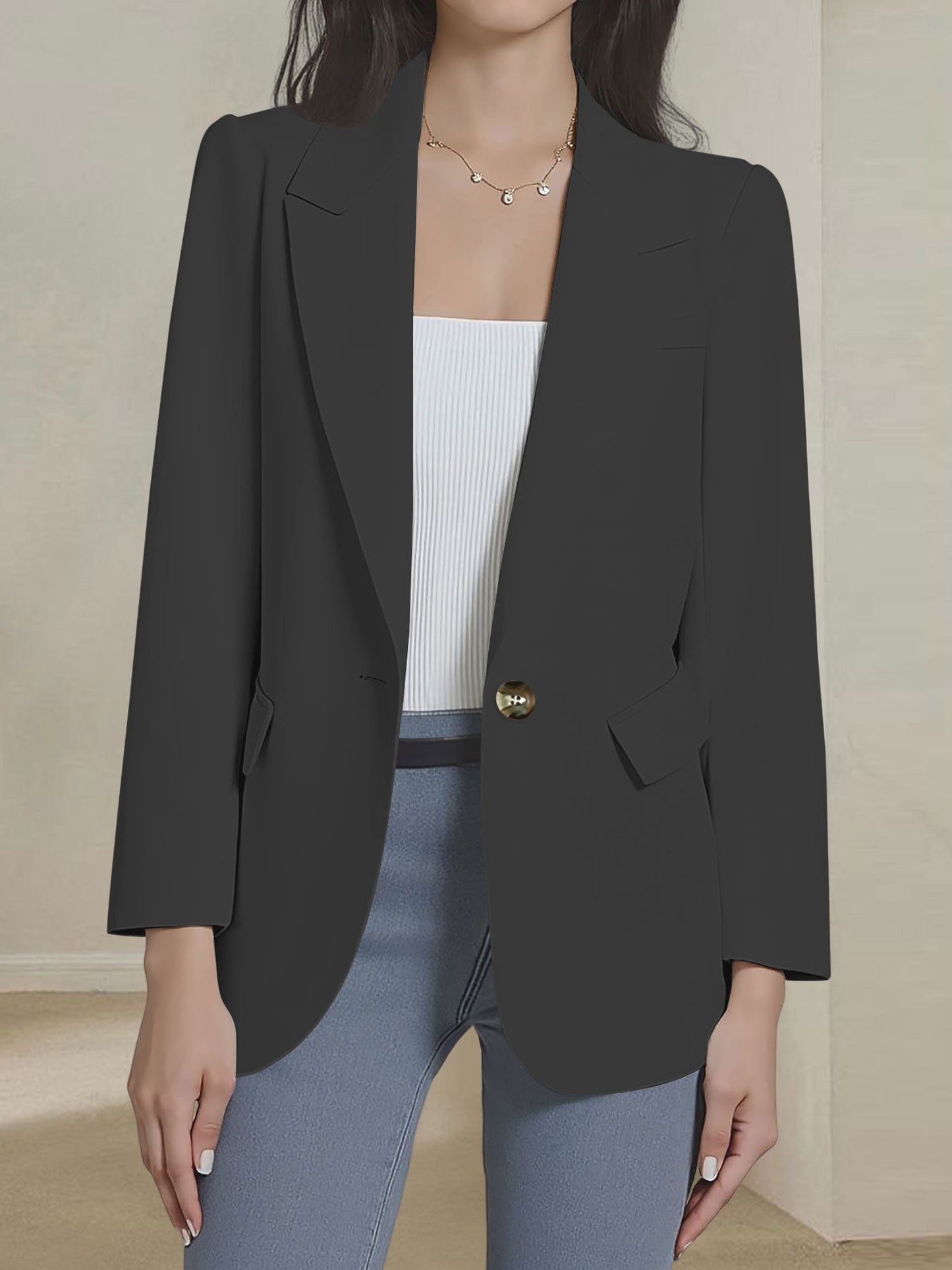 Notched Lapel Single Button Long Sleeves Blazer