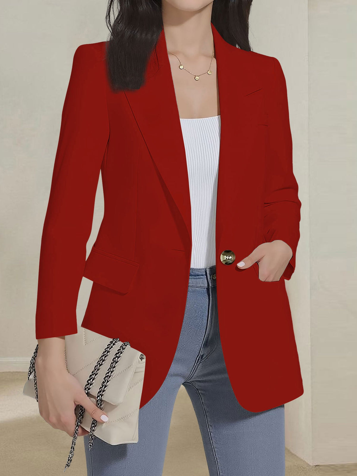 Notched Lapel Single Button Long Sleeves Blazer