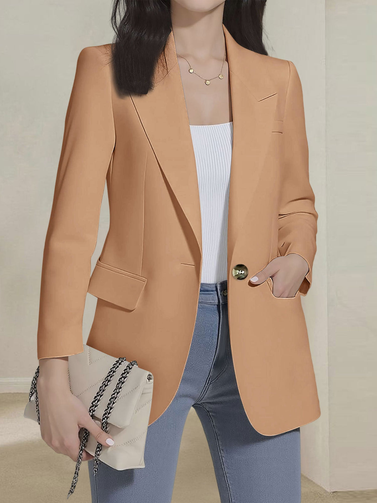 Notched Lapel Single Button Long Sleeves Blazer