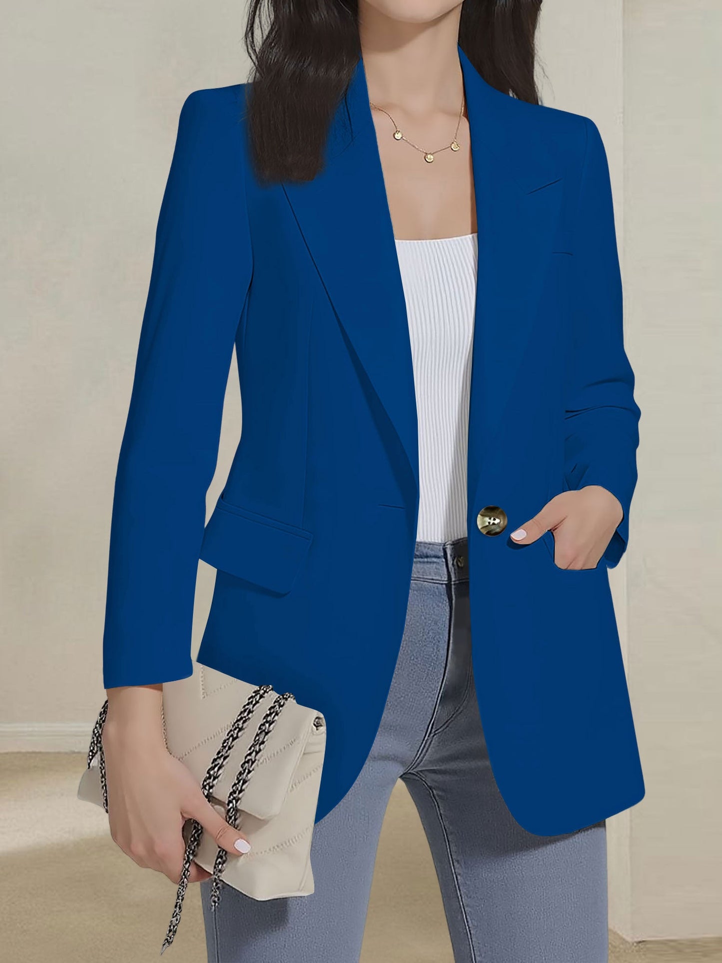 Notched Lapel Single Button Long Sleeves Blazer