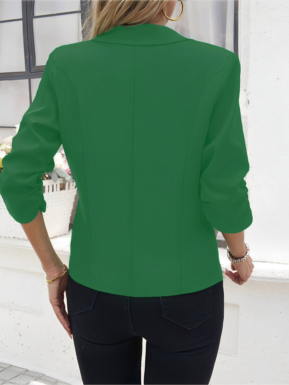Notched Lapel Ruched 3/4 Sleeves Solid Color Blazer