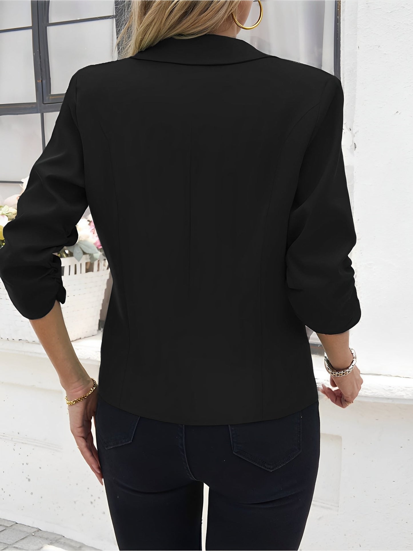 Notched Lapel Ruched 3/4 Sleeves Solid Color Blazer