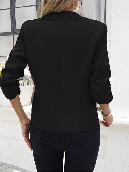 Notched Lapel Ruched 3/4 Sleeves Solid Color Blazer