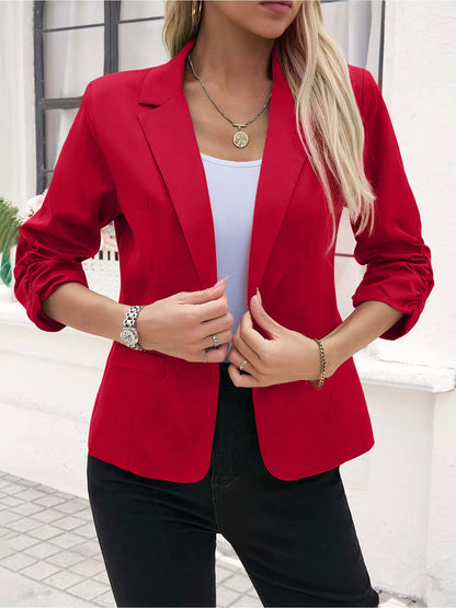 Notched Lapel Ruched 3/4 Sleeves Solid Color Blazer