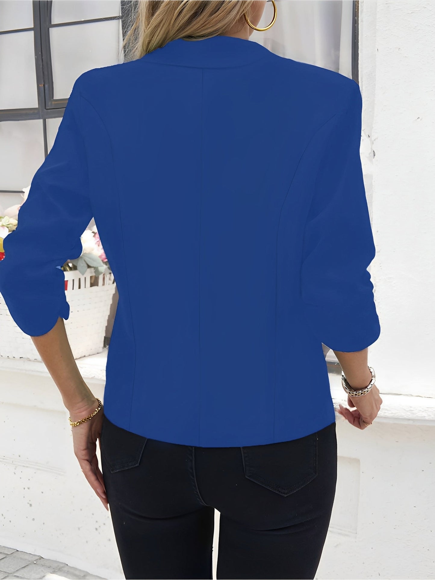 Notched Lapel Ruched 3/4 Sleeves Solid Color Blazer