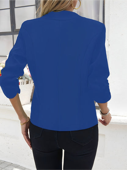 Notched Lapel Ruched 3/4 Sleeves Solid Color Blazer