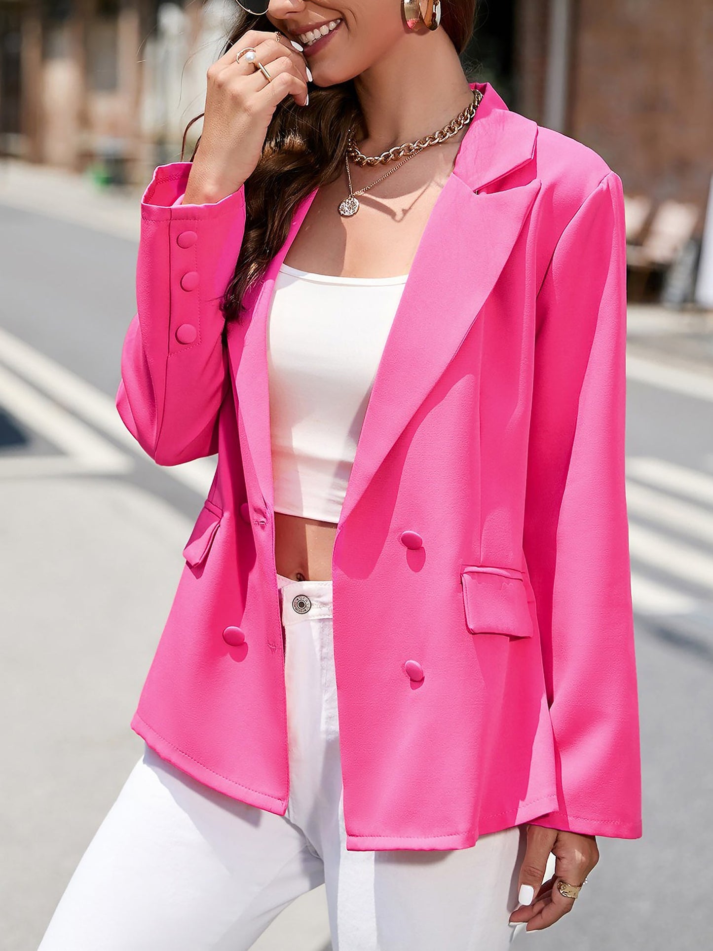 Notched Lapel Long Sleeve Double Breasted Blazer