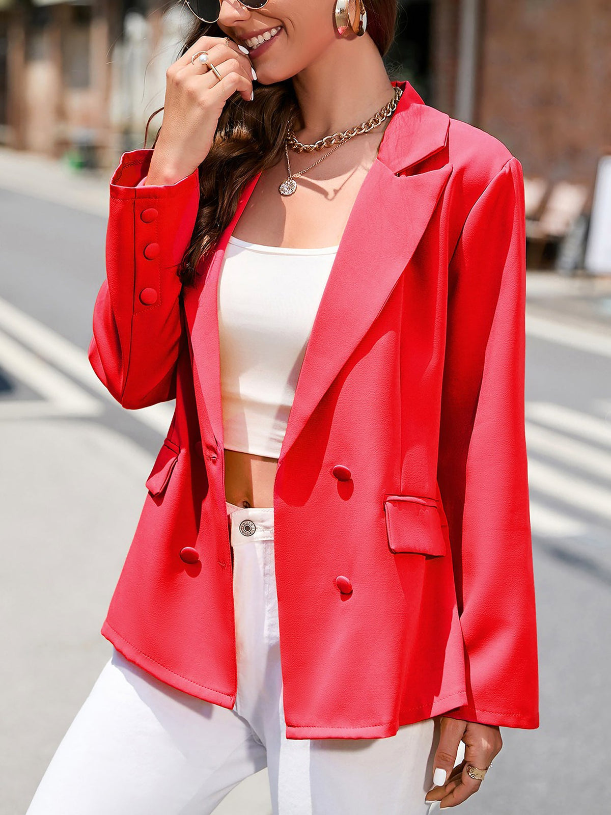 Notched Lapel Long Sleeve Double Breasted Blazer