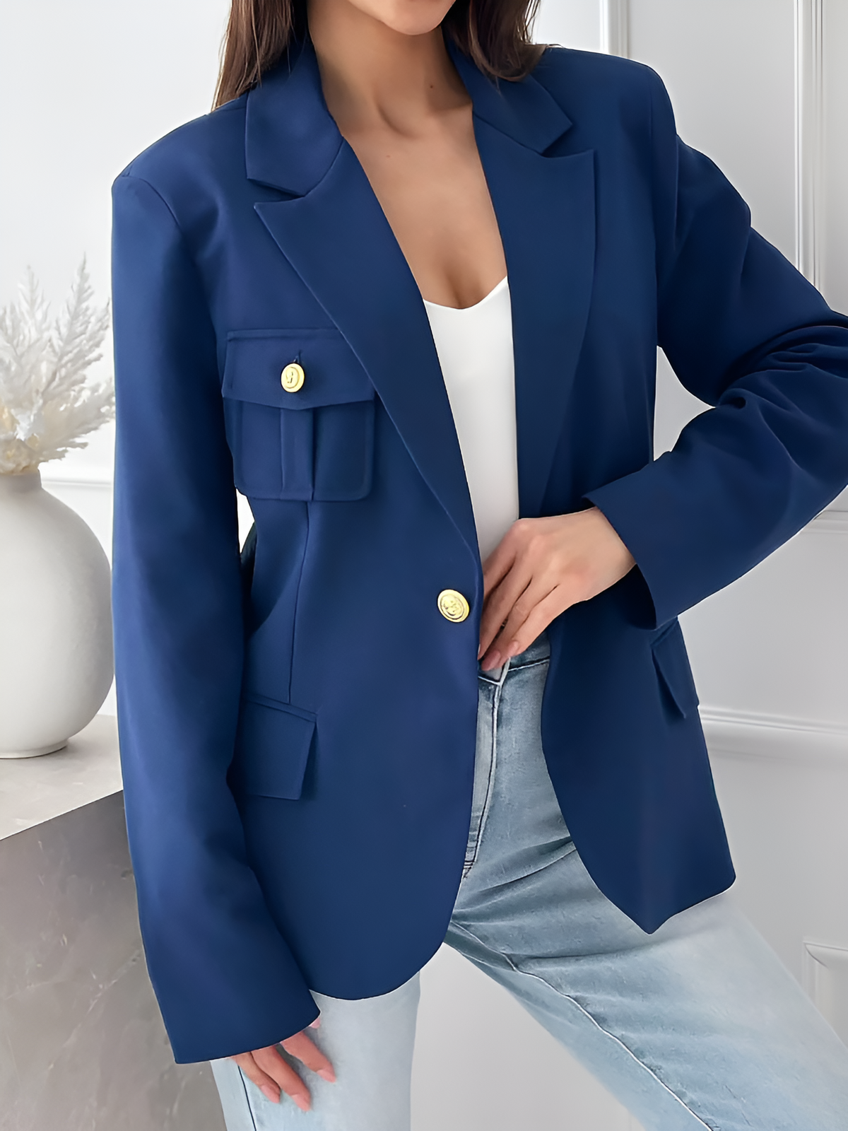 Solid Color Double Breasted Long Sleeves Blazer
