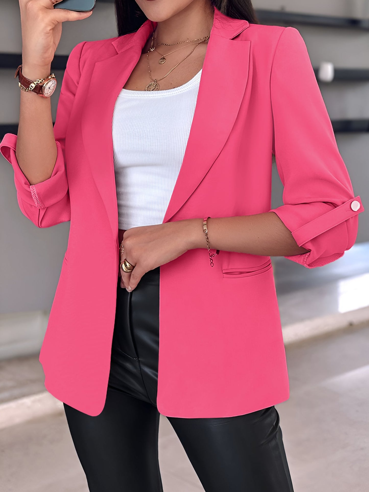Notched Lapel Solid Color Rolled Sleeves Blazer