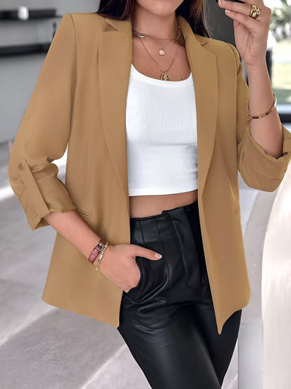 Notched Lapel Solid Color Rolled Sleeves Blazer