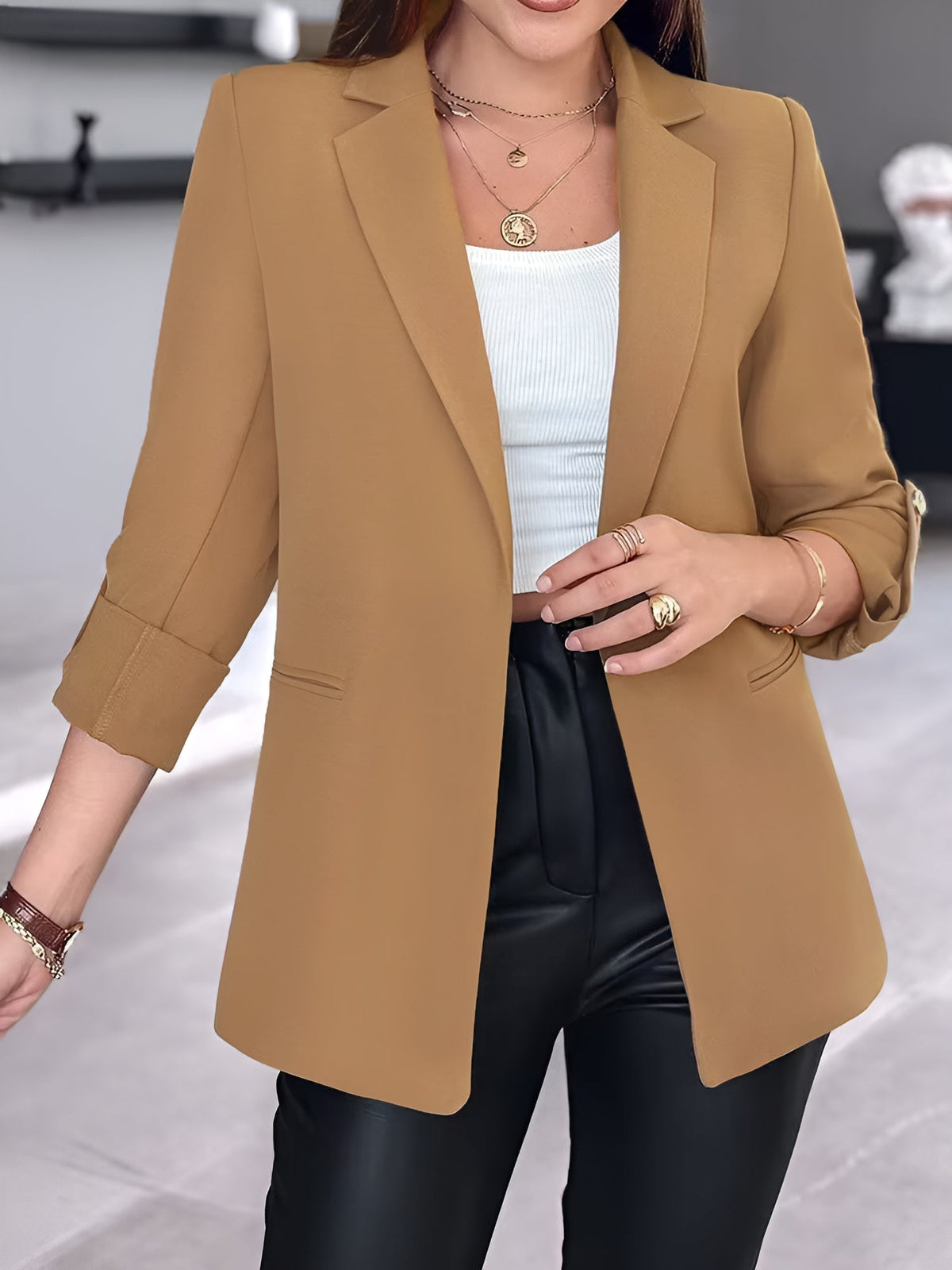 Notched Lapel Solid Color Rolled Sleeves Blazer