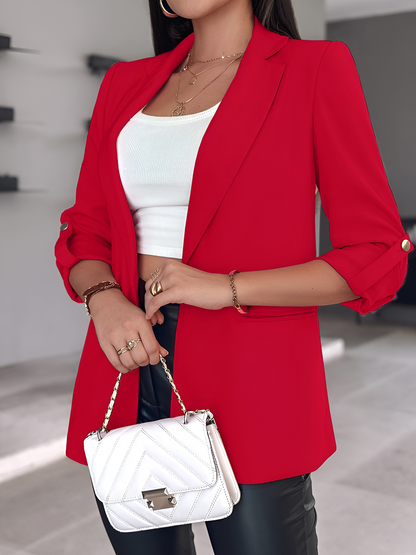Notched Lapel Solid Color Rolled Sleeves Blazer