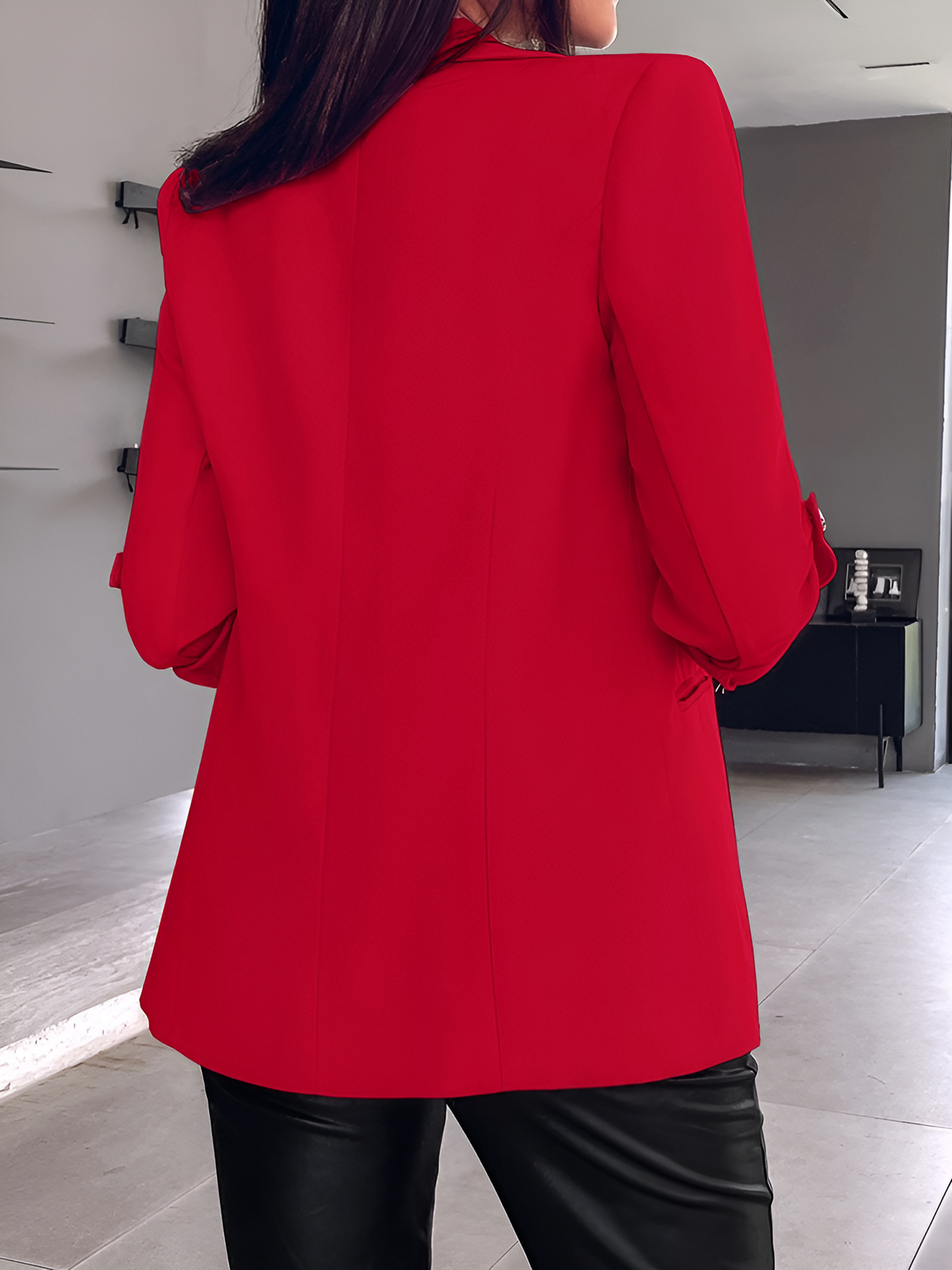 Notched Lapel Solid Color Rolled Sleeves Blazer
