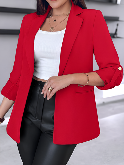 Notched Lapel Solid Color Rolled Sleeves Blazer