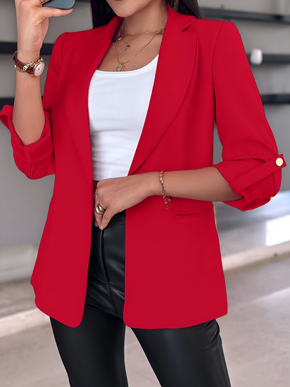 Notched Lapel Solid Color Rolled Sleeves Blazer