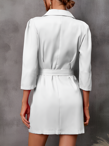 Double Breasted Puff 3/4 Sleeves Belted Blazer Dress
