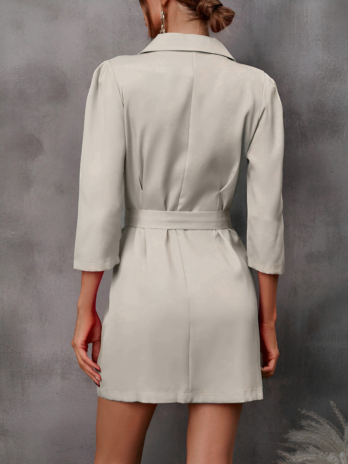 Double Breasted Puff 3/4 Sleeves Belted Blazer Dress