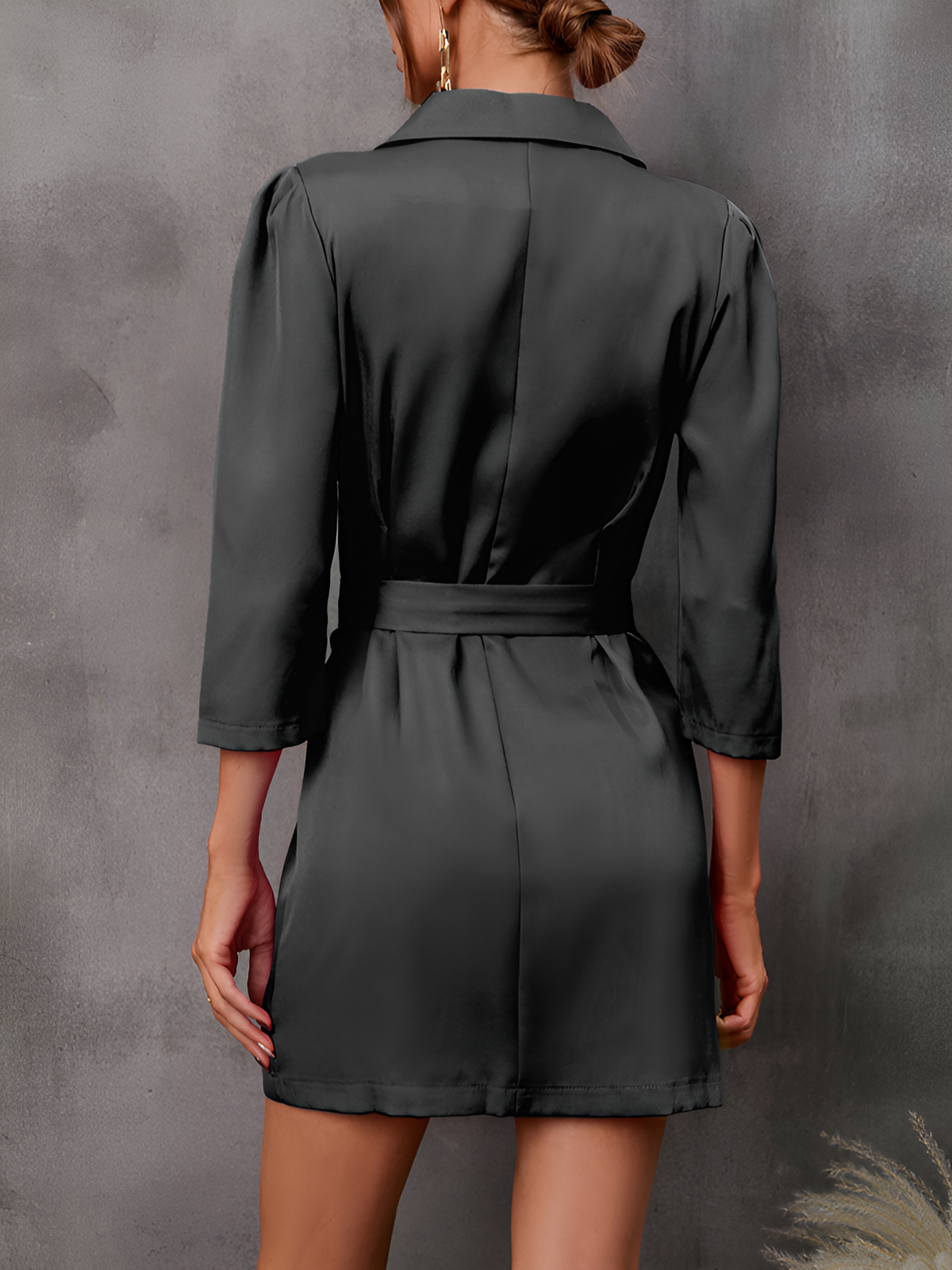 Double Breasted Puff 3/4 Sleeves Belted Blazer Dress