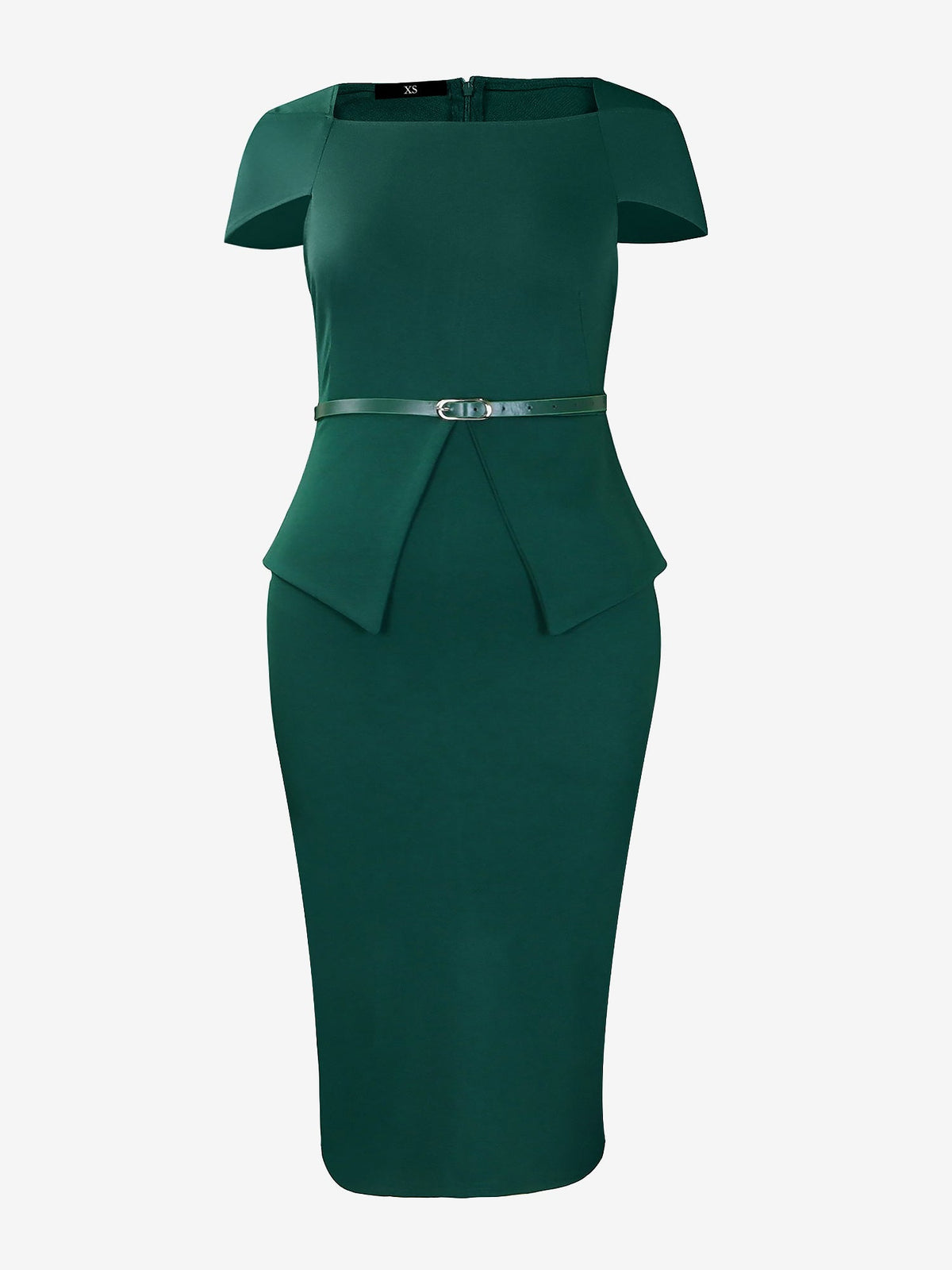 Square Neck Cap Sleeve Belted Work Midi Sheath Dress