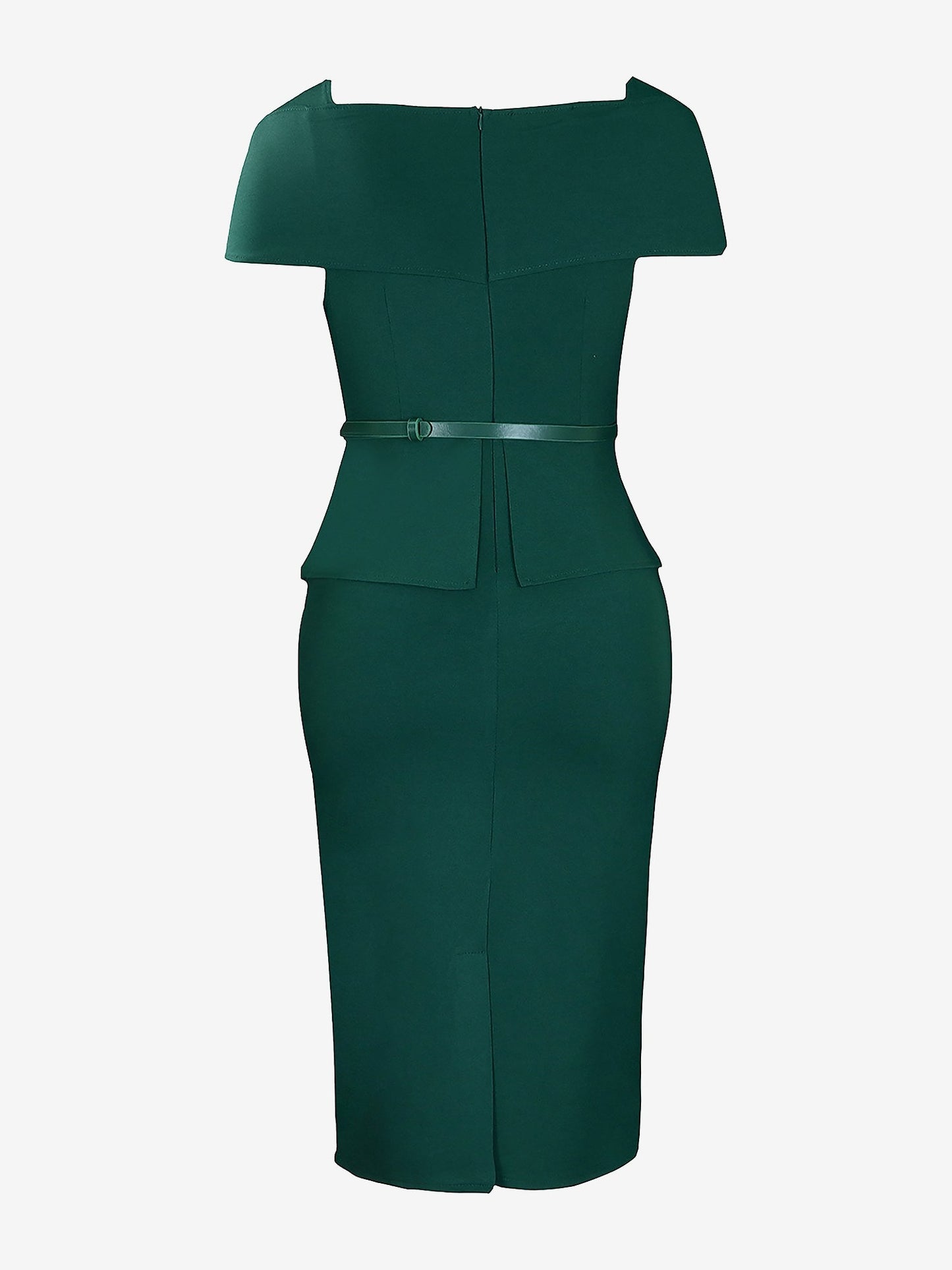 Square Neck Cap Sleeve Belted Work Midi Sheath Dress