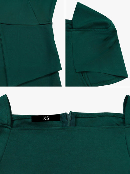 Square Neck Cap Sleeve Belted Work Midi Sheath Dress