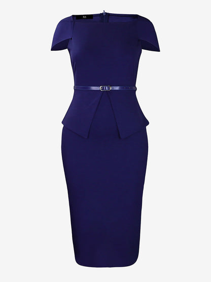 Square Neck Cap Sleeve Belted Work Midi Sheath Dress