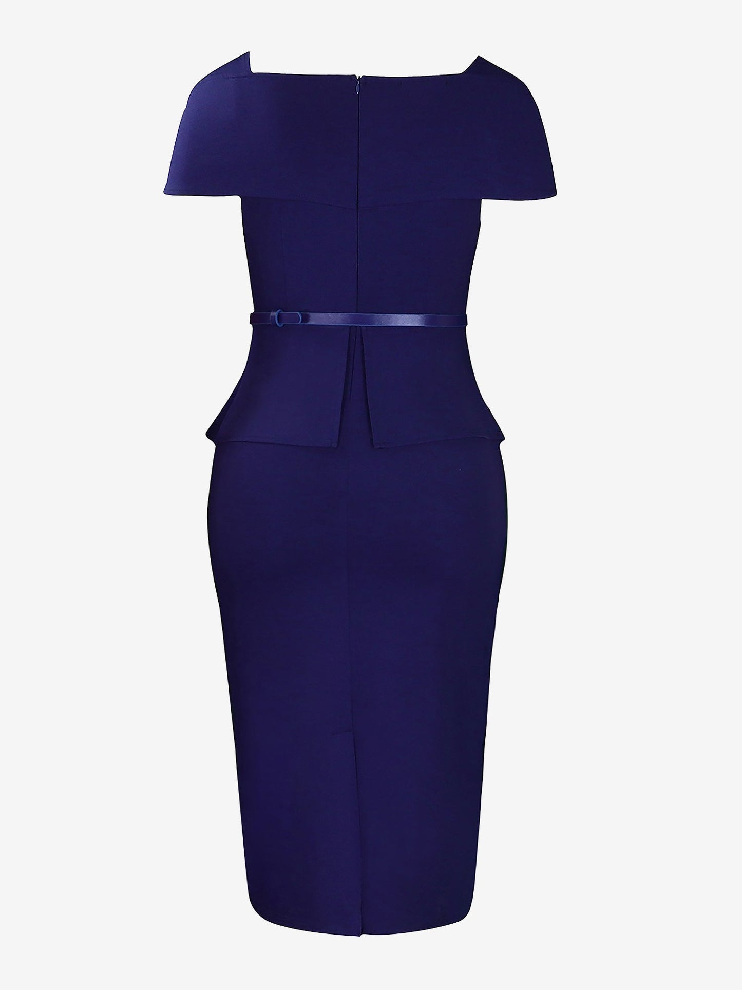 Square Neck Cap Sleeve Belted Work Midi Sheath Dress