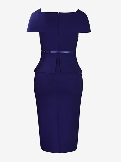 Square Neck Cap Sleeve Belted Work Midi Sheath Dress