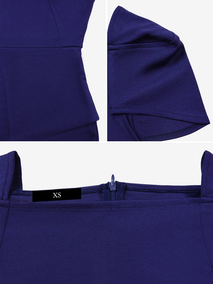 Square Neck Cap Sleeve Belted Work Midi Sheath Dress
