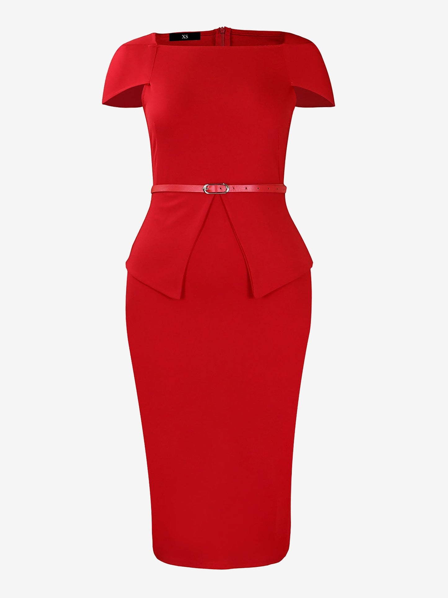 Square Neck Cap Sleeve Belted Work Midi Sheath Dress