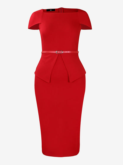 Square Neck Cap Sleeve Belted Work Midi Sheath Dress