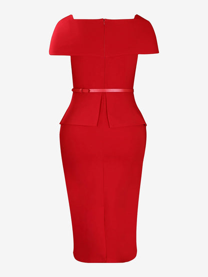 Square Neck Cap Sleeve Belted Work Midi Sheath Dress