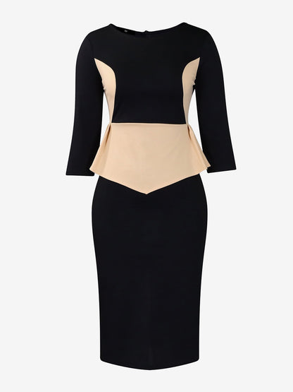 Colorblock Round Neck 3/4 Sleeves Slit Sheath Dress