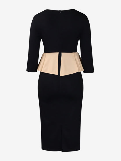 Colorblock Round Neck 3/4 Sleeves Slit Sheath Dress