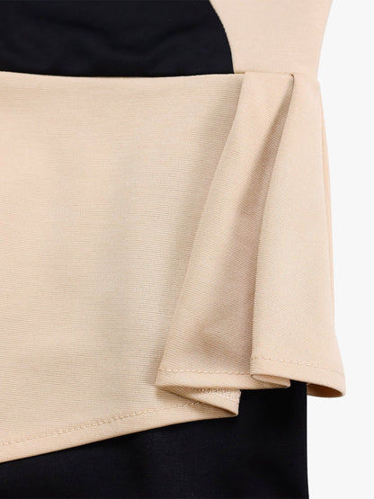 Colorblock Round Neck 3/4 Sleeves Slit Sheath Dress