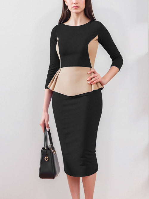 Colorblock Round Neck 3/4 Sleeves Slit Sheath Dress