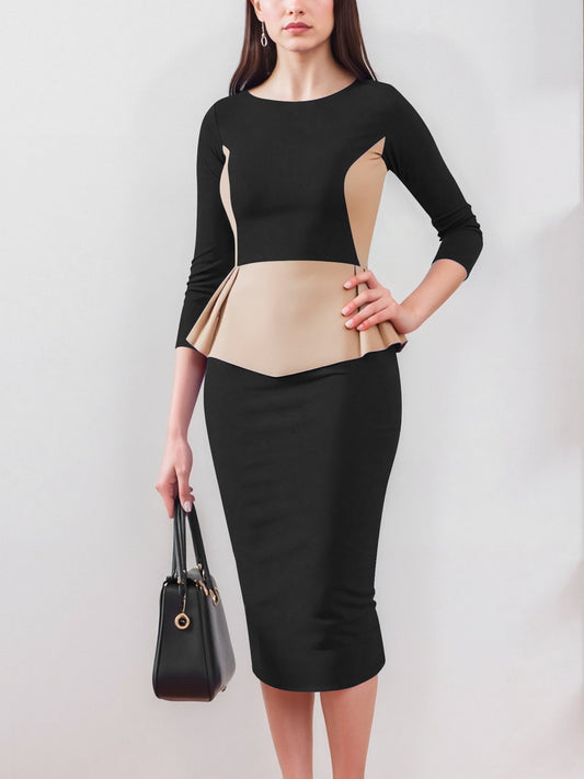 Colorblock Round Neck 3/4 Sleeves Slit Sheath Dress