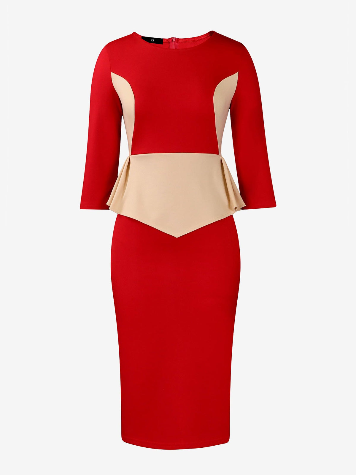 Colorblock Round Neck 3/4 Sleeves Slit Sheath Dress