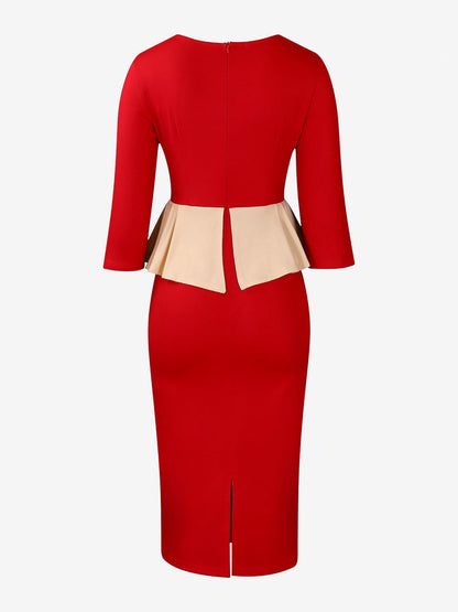 Colorblock Round Neck 3/4 Sleeves Slit Sheath Dress