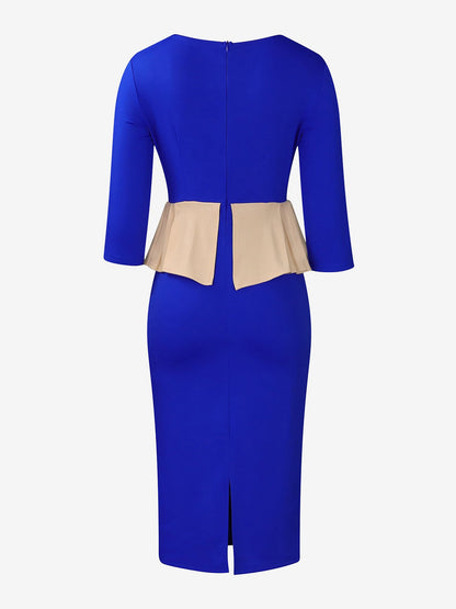 Colorblock Round Neck 3/4 Sleeves Slit Sheath Dress