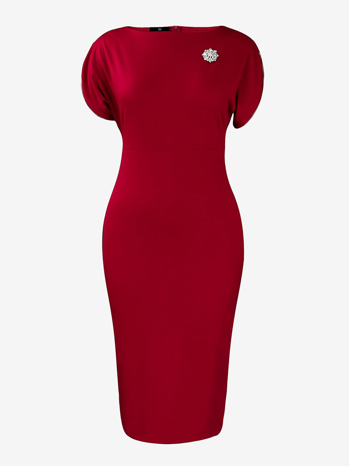 Zipper Short Sleeves Slit Midi Sheath Dress