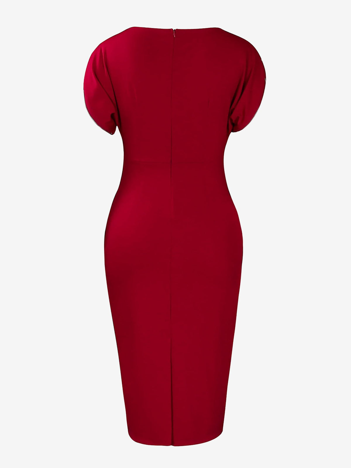 Zipper Short Sleeves Slit Midi Sheath Dress
