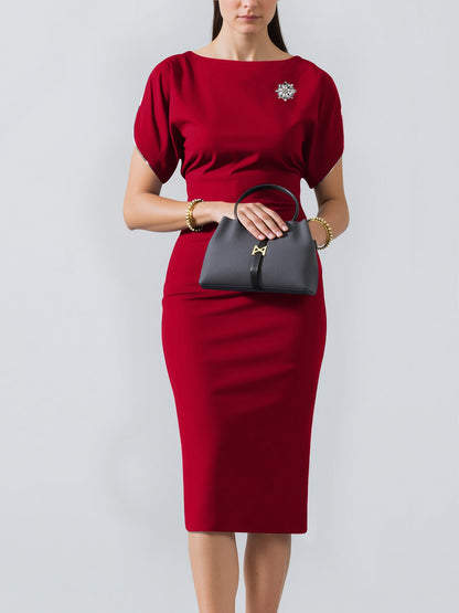 Zipper Short Sleeves Slit Midi Sheath Dress