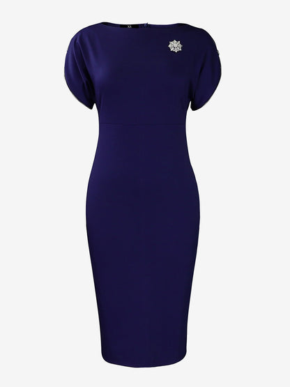 Zipper Short Sleeves Slit Midi Sheath Dress