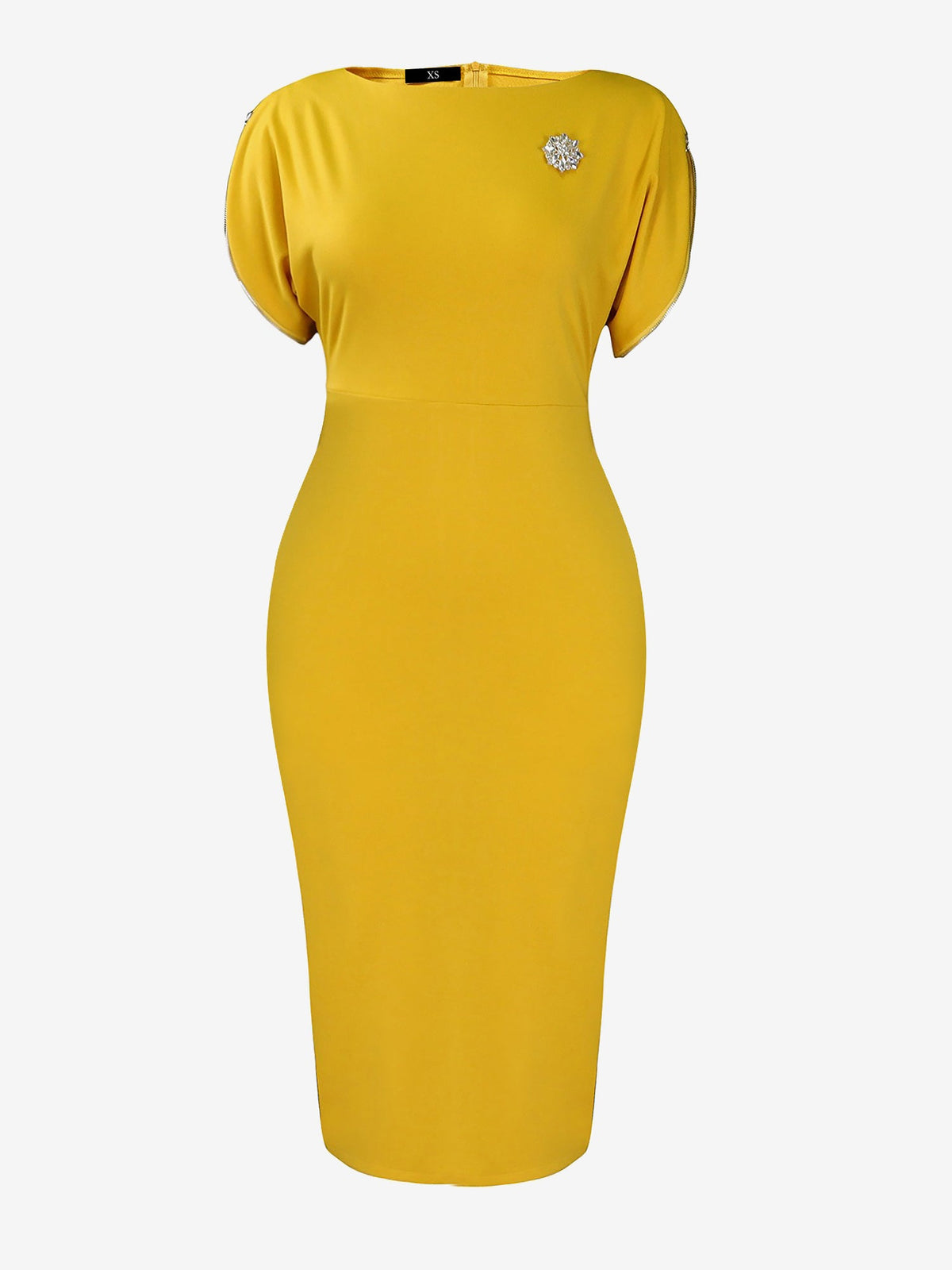 Zipper Short Sleeves Slit Midi Sheath Dress