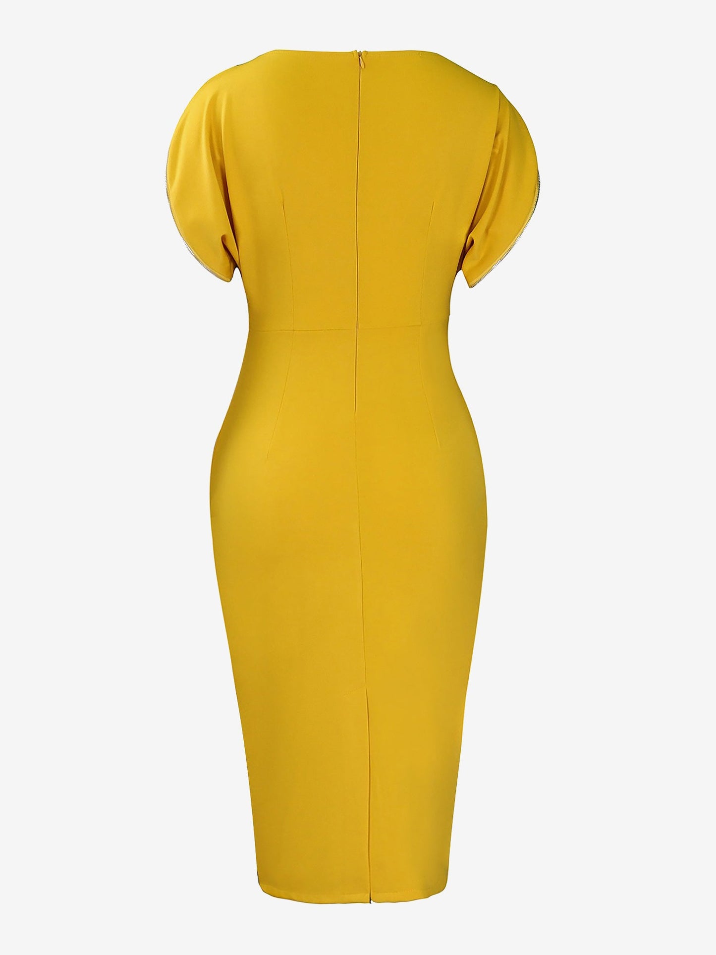 Zipper Short Sleeves Slit Midi Sheath Dress