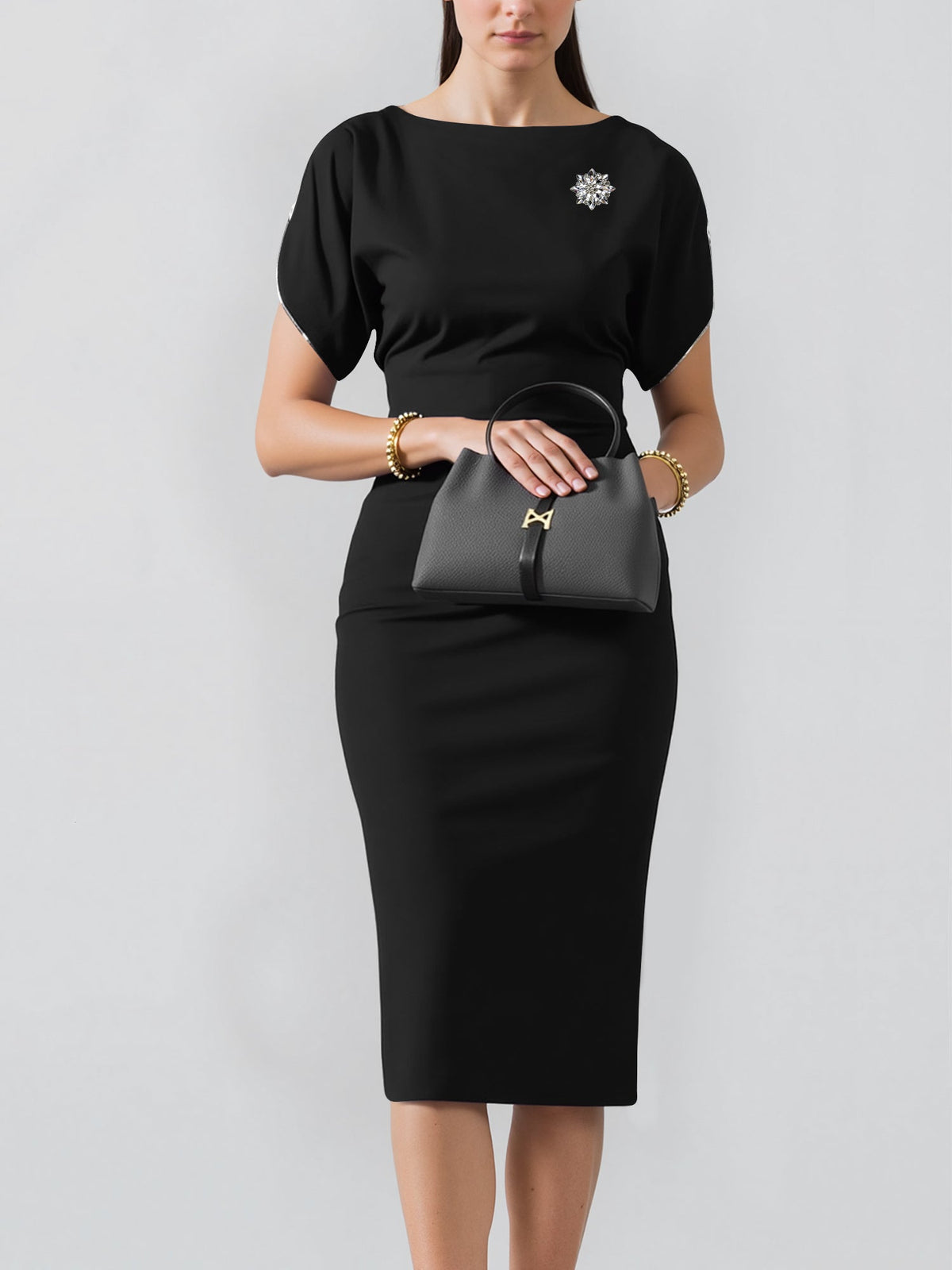 Zipper Short Sleeves Slit Midi Sheath Dress