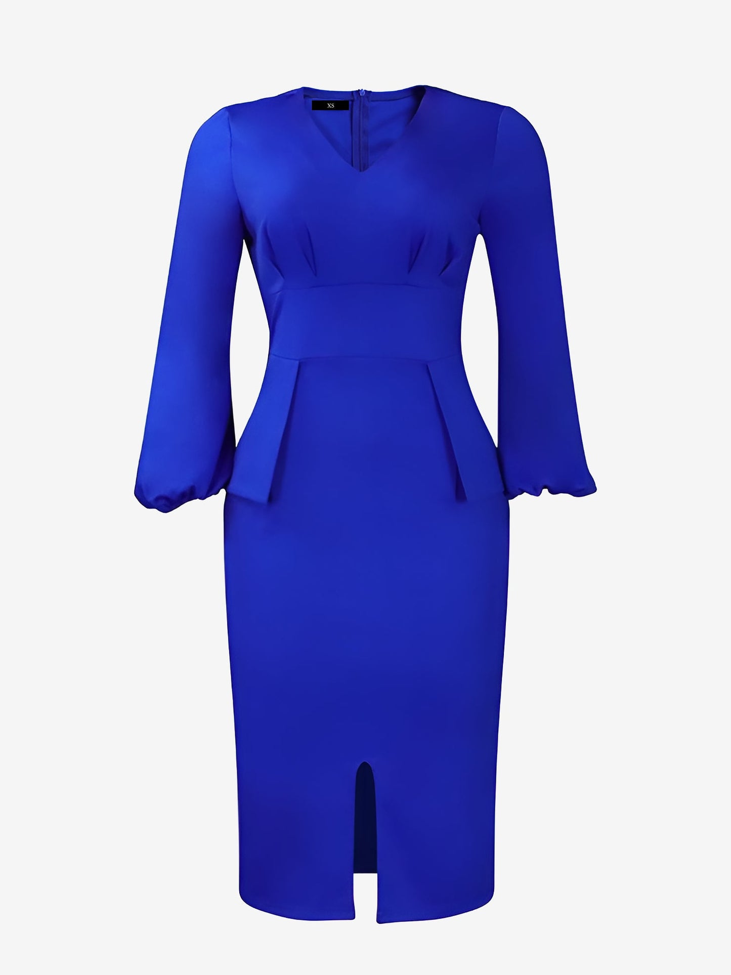 V Neck Puff Sleeve Slit Office Midi Sheath Dress